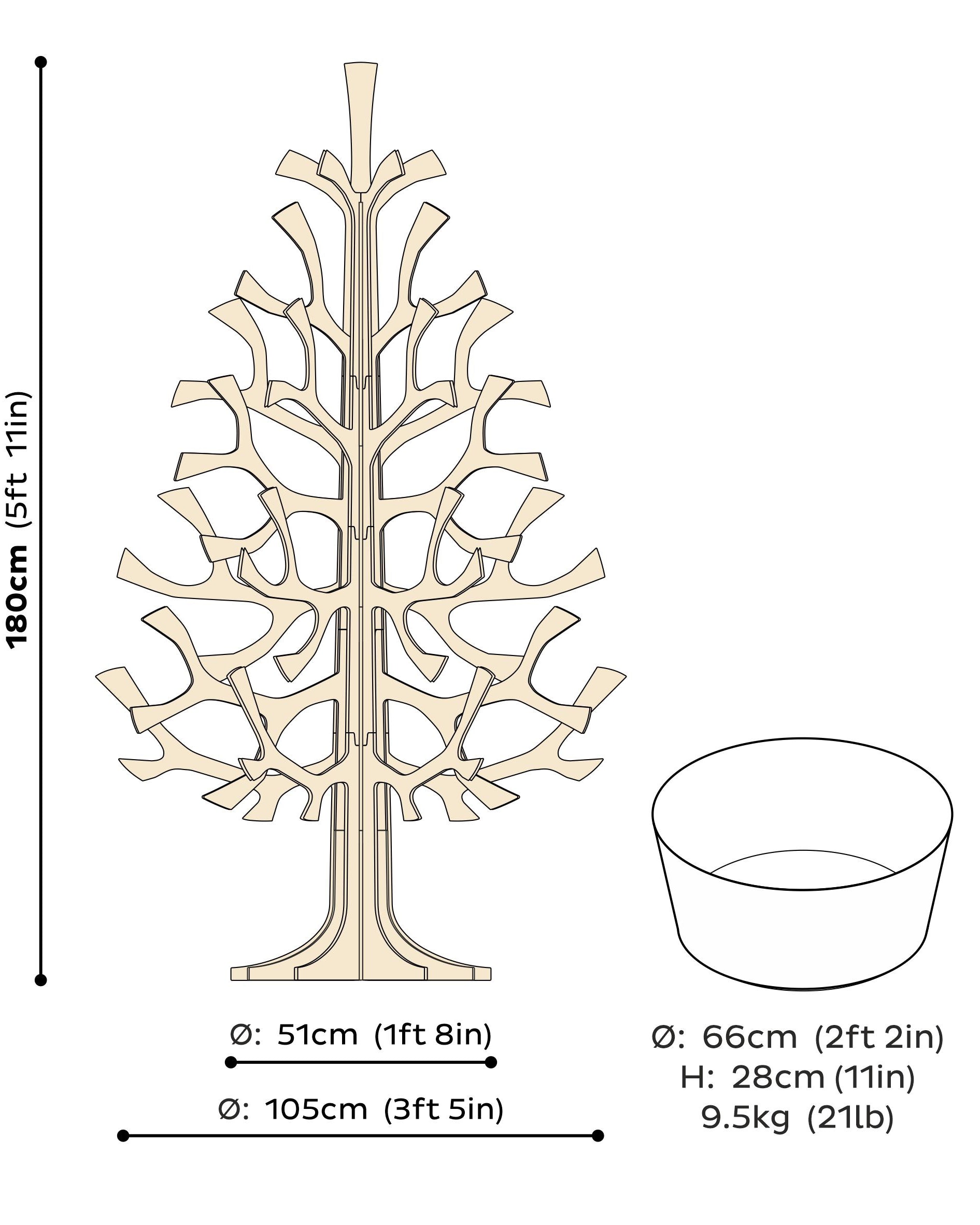 Lovi Spruce 180cm measures and pot measures