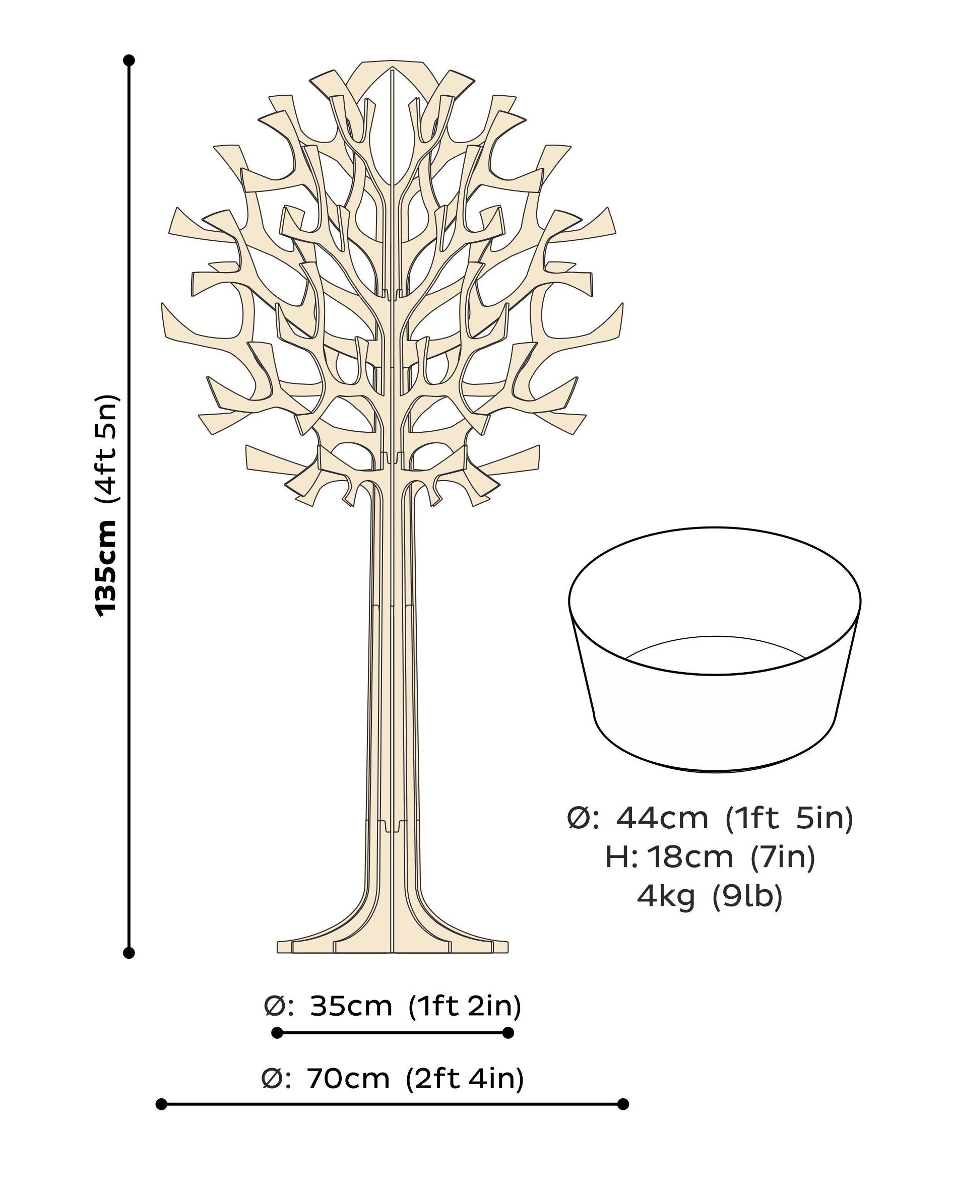 Lovi Tree 135cm measures and pot measures