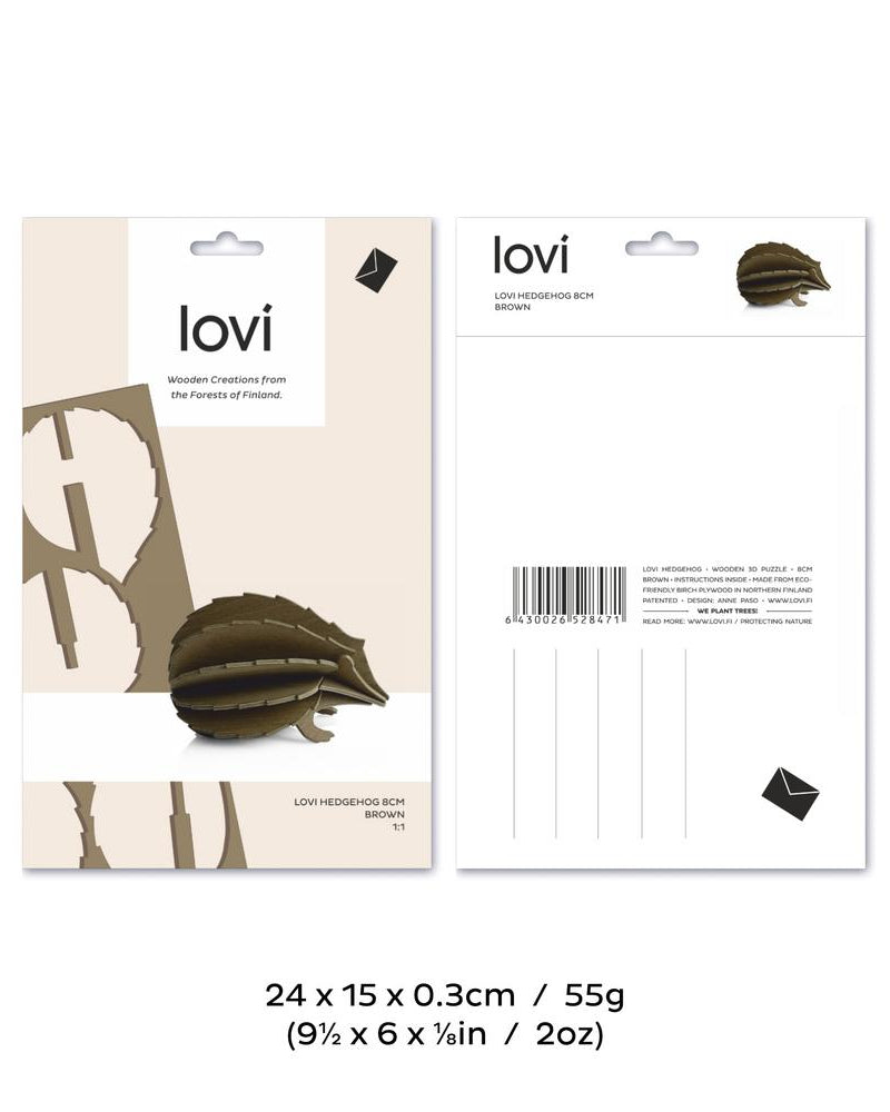 The package of wooden hedgehog by Lovi, size 8cm