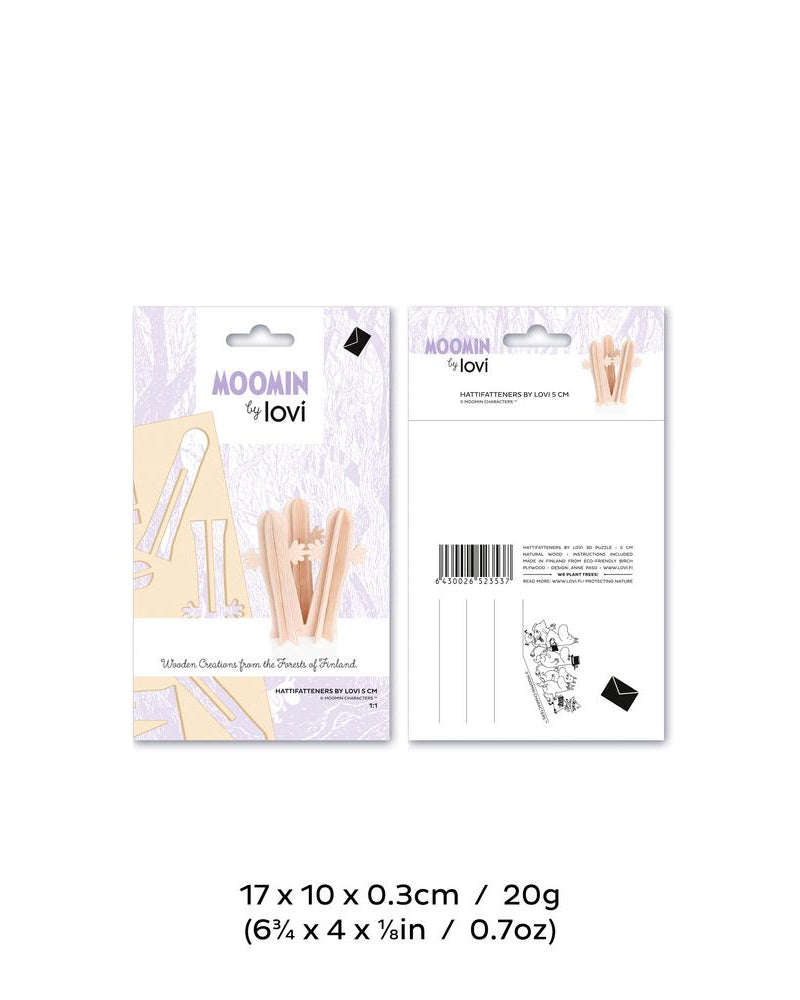 Hattivatit, koottavat puiset Lovi-hahmot, pakkaus, mitat ja paino