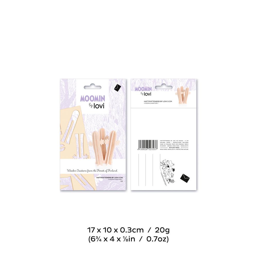 Hattivatit, koottavat puiset Lovi-hahmot, pakkaus, mitat ja paino