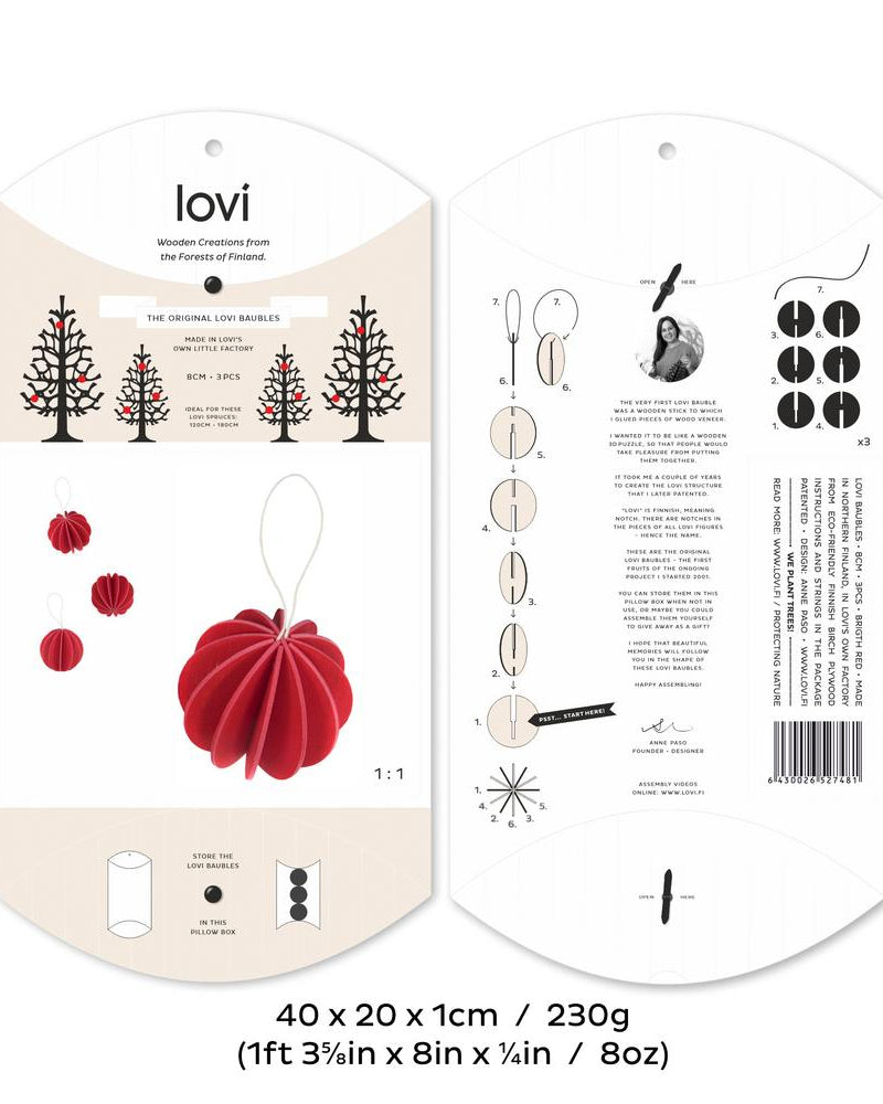 Alkuperäiset Lovi-pallot 8cm, kirkkaanpunainen, koottavat puiset koristeet, pakkaus, mitat ja paino