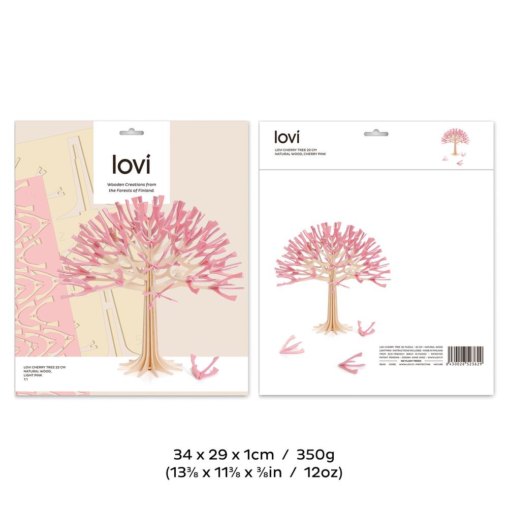 Lovi-kirsikkapuu 22cm, koottava kirsikkapuu koivuvanerista, pakkaus, mitat ja paino