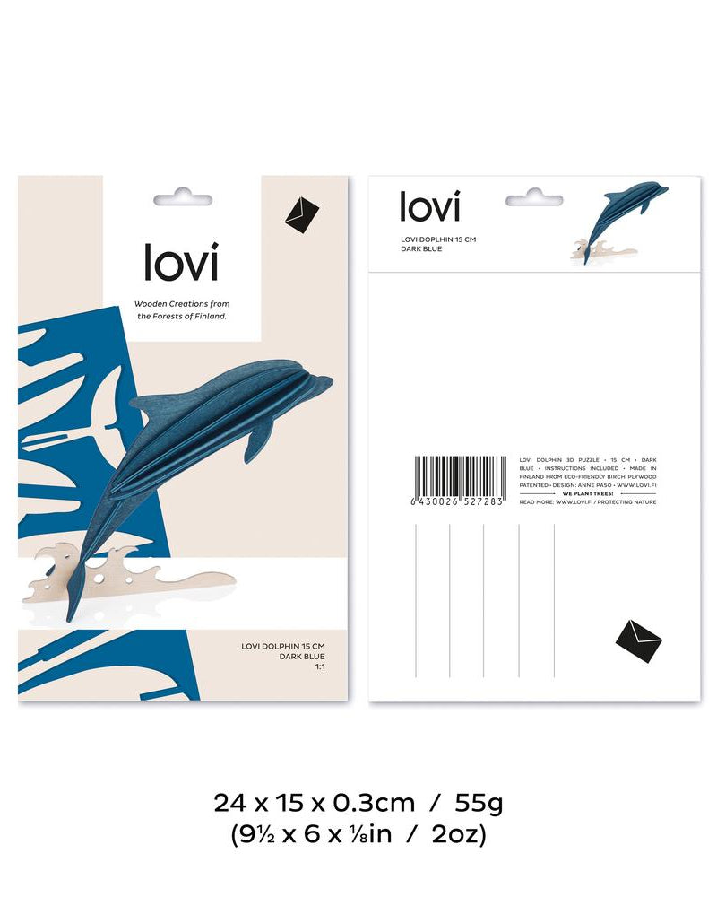 Lovi-delfiini, koottava puinen hahmo, pakkaus, mitat ja paino