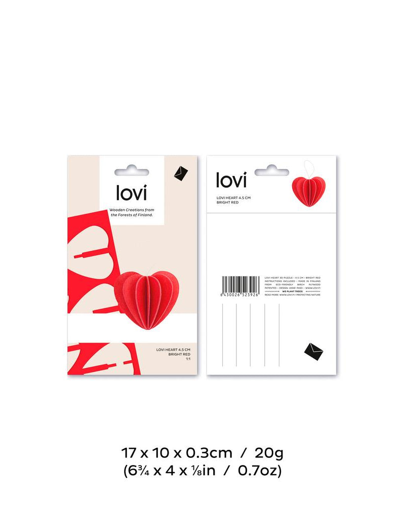 Lovi-sydän 4,5cm, koottava puinen koriste, pakkauksen mitat ja paino
