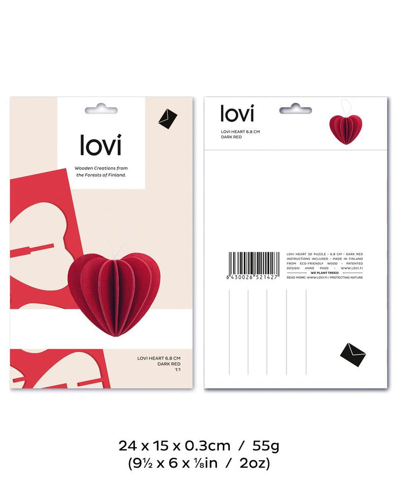 Lovi-sydän 6,8cm, koottava puinen hahmo, pakkauksen mitat ja paino