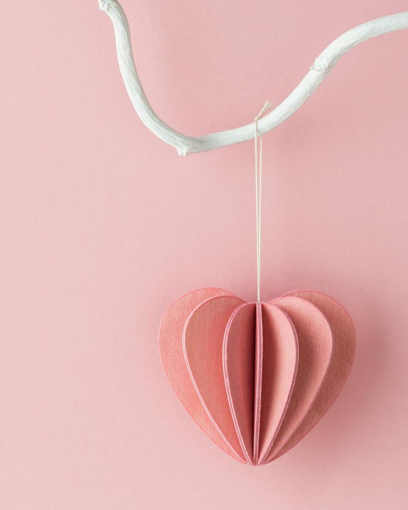 Lovi-sydän ripustettuna oksaan, koottava puinen koriste