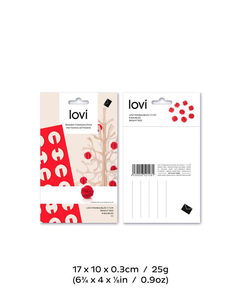 Lovi-minipallot, koottavat puiset koristeet, pakkaus, mitat ja paino