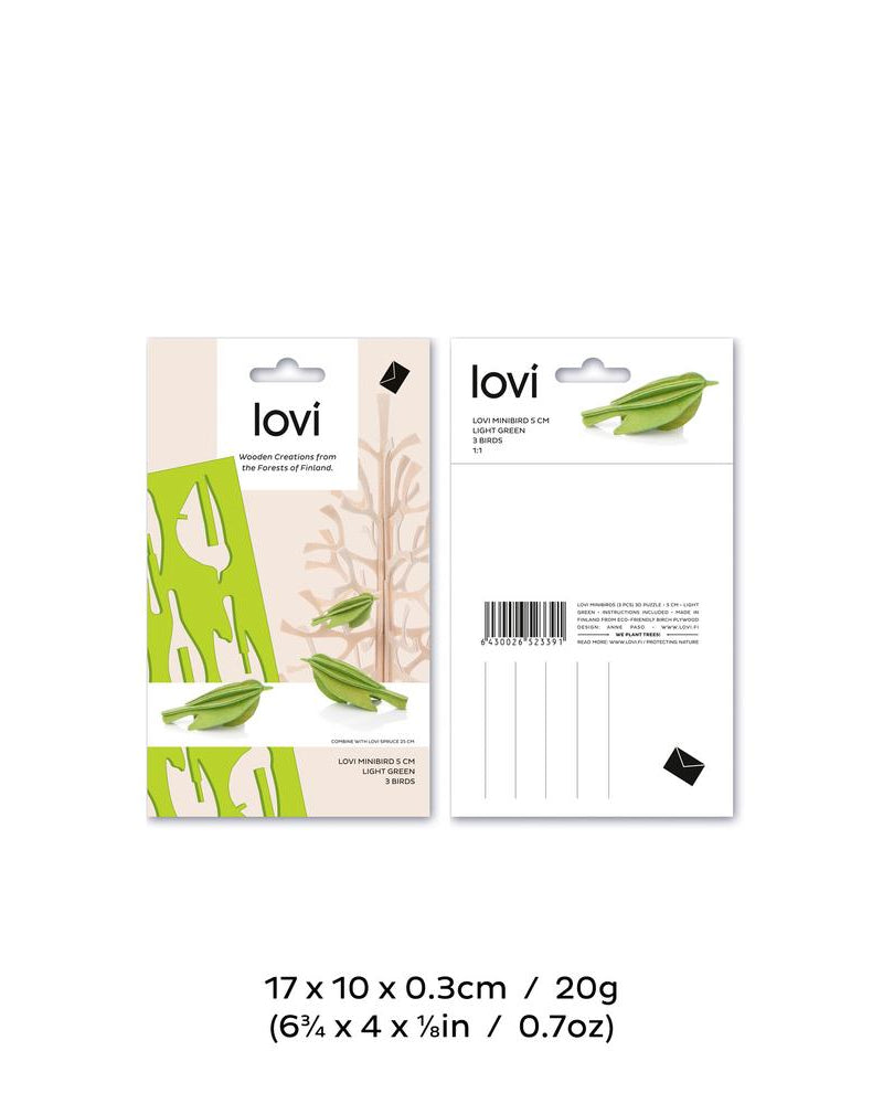 Lovi-minilinnut, koottava puinen hahmo, pakkaus, mitat, paino