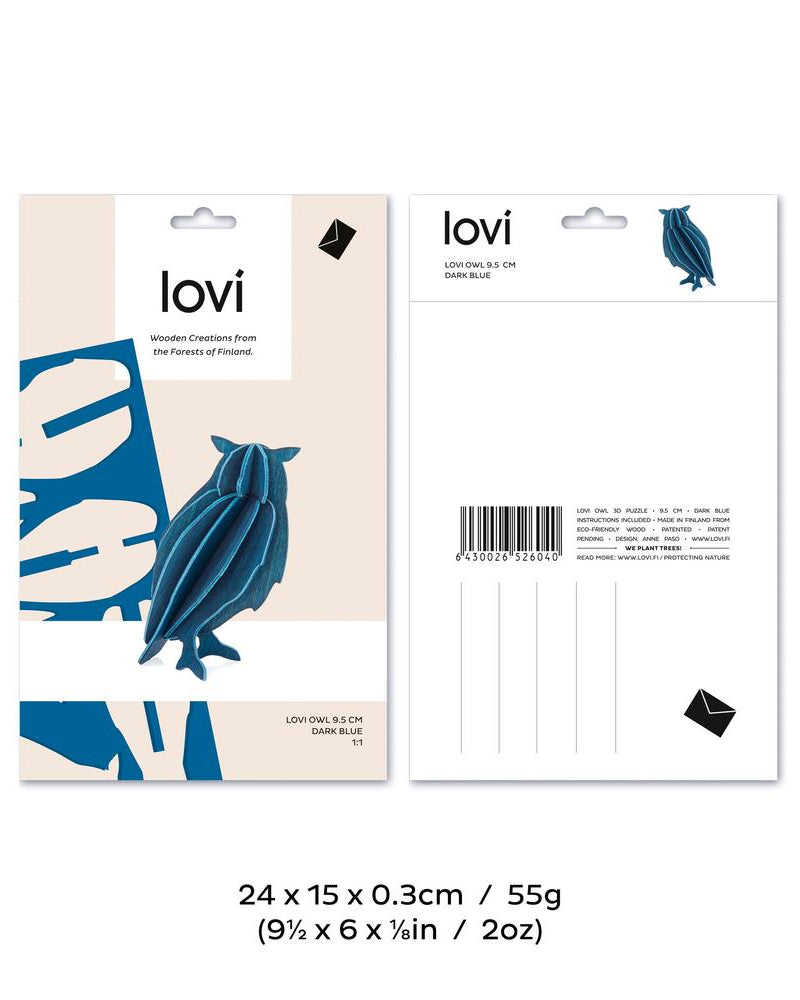 Lovi-pöllö, koottava puinen hahmo, pakkaus, mitat ja paino