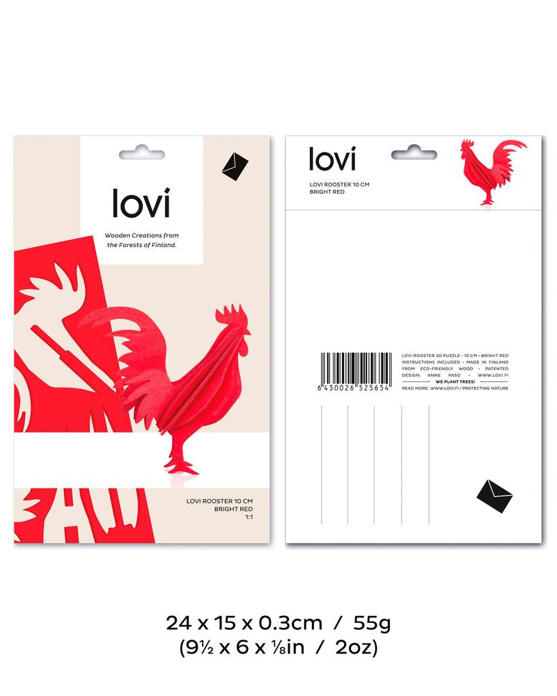 Lovi-kukko, koottava puinen hahmo, pakkaus, mitat ja paino