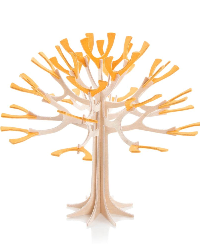 Lovi-vuodenaikapuu, lämminkeltainen, koivuvanerista valmistettu, koottava puu