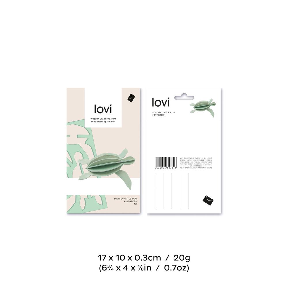 Lovi-merikilpikonna, koottava puinen hahmo, pakkaus, mitat ja paino