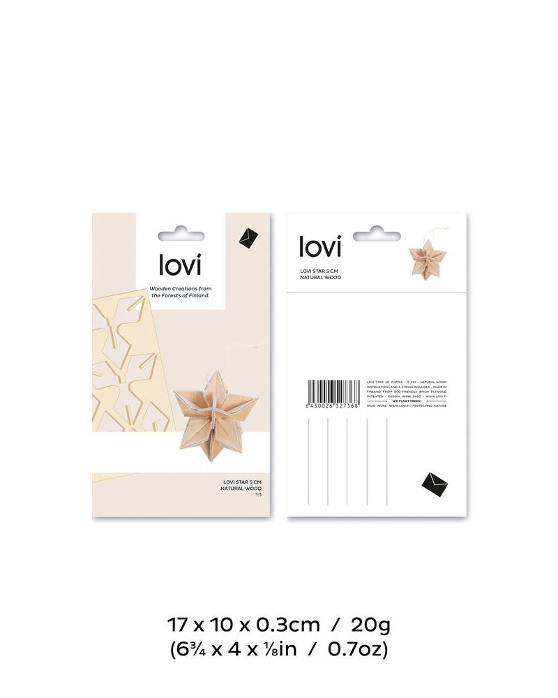 Lovi-tähti 5cm, koottava puinen koriste, pakkaus, mitat ja paino