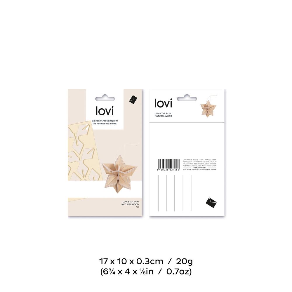 Lovi-tähti 5cm, koottava puinen koriste, pakkaus, mitat ja paino