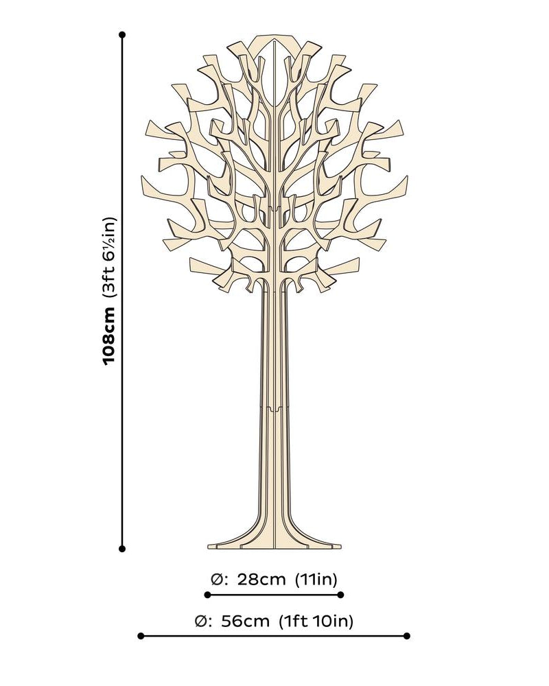 Lovi-puu 108cm, kotimaisesta koivuvanerista valmistettu, koottava puu, mittakuva
