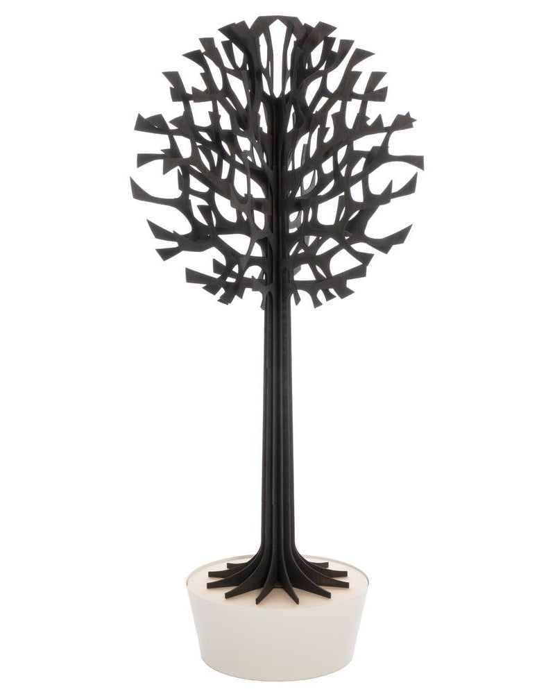 Lovi-puu 135cm, musta, koivuvanerista valmistettu, koottava puu valkoisessa ruukussa