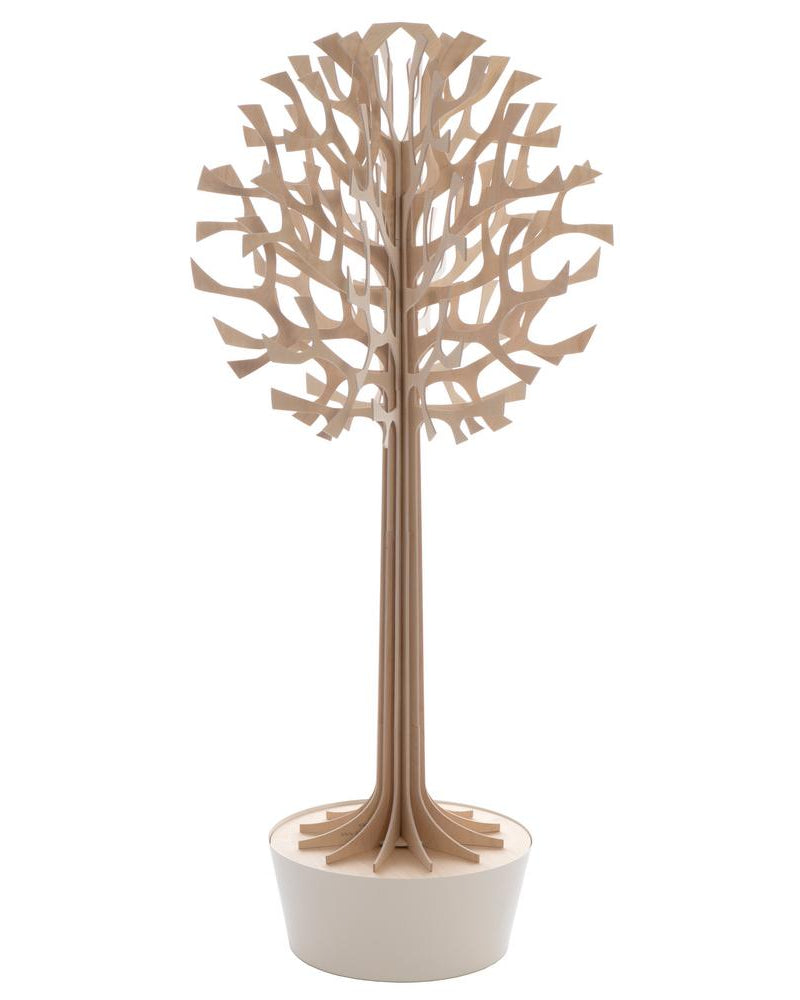 Lovi-puu 135cm, puunvärinen, koivuvanerista valmistettu, koottava puu valkoisessa ruukussa