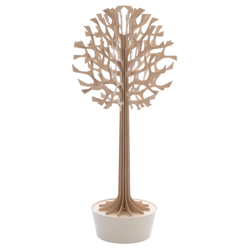 Lovi-puu 135cm, puunvärinen, koivuvanerista valmistettu, koottava puu valkoisessa ruukussa