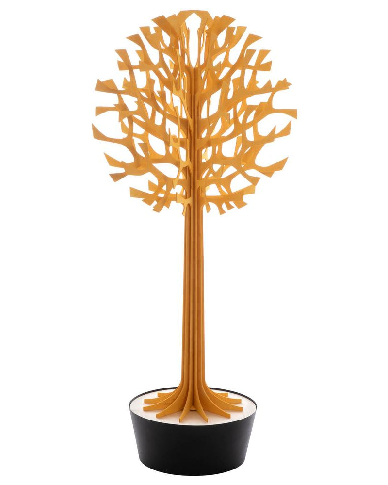 Lovi-puu 135cm, lämminkeltainen, koivuvanerista valmistettu, koottava puu mustassa ruukussa