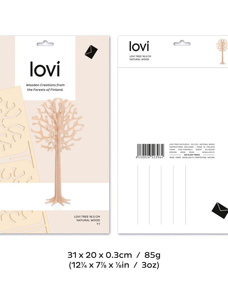 Lovi-puu 16,5cm, puunvärinen, koottava puinen hahmo, pakkaus, mitat ja paino