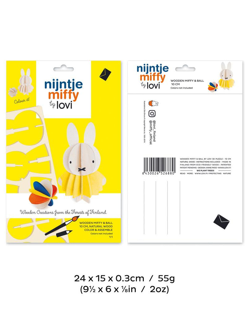 Miffy ja pallo, koottava puinen Lovi-hahmo, maalaa itse, pakkaus, mitat ja paino
