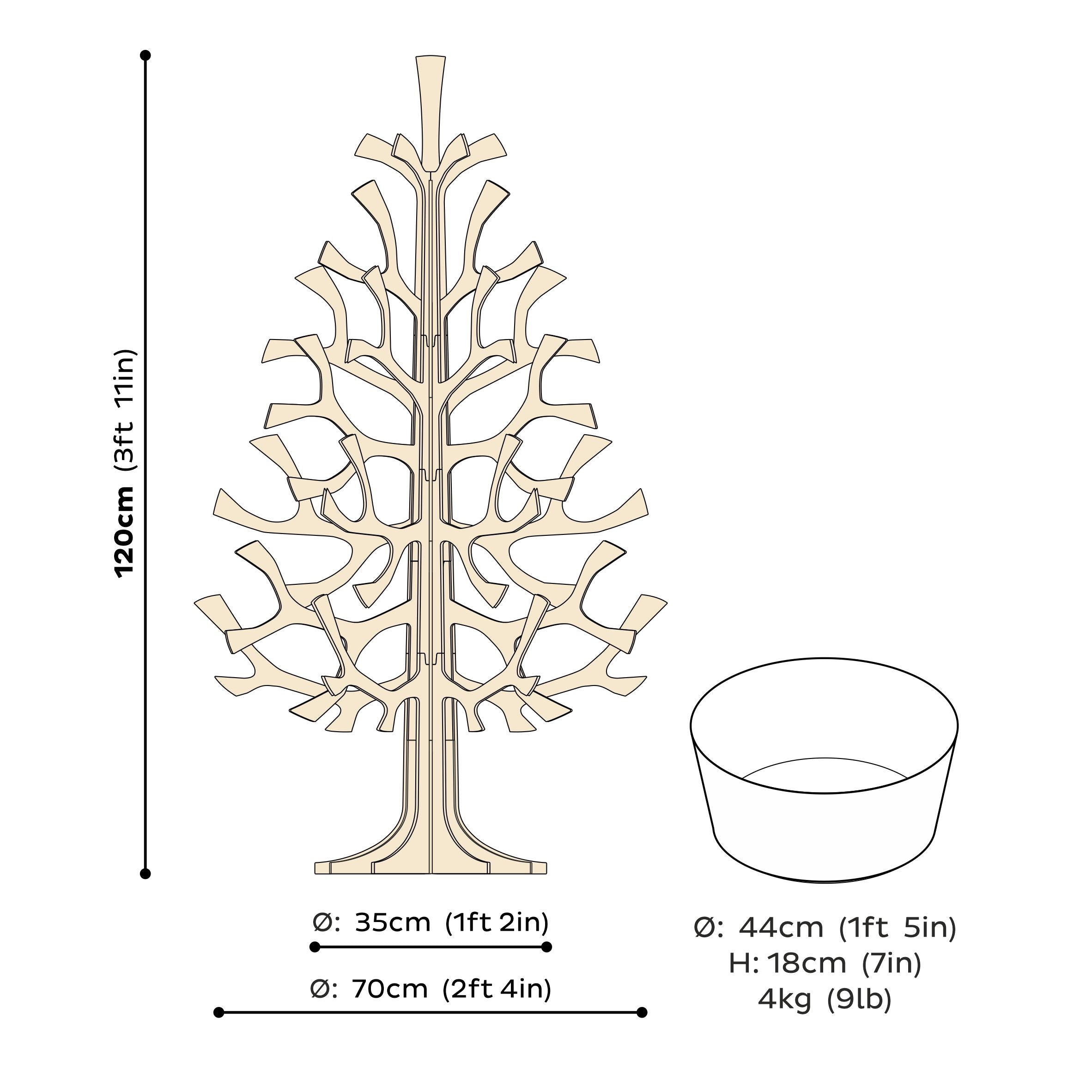 Lovi Spruce 120cm measures and pot measures