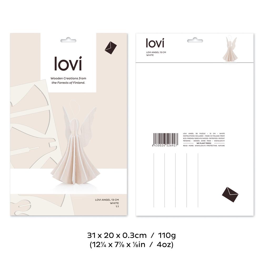 Lovi-enkeli 13cm, koottava puinen hahmo, pakkauksen mitat ja paino