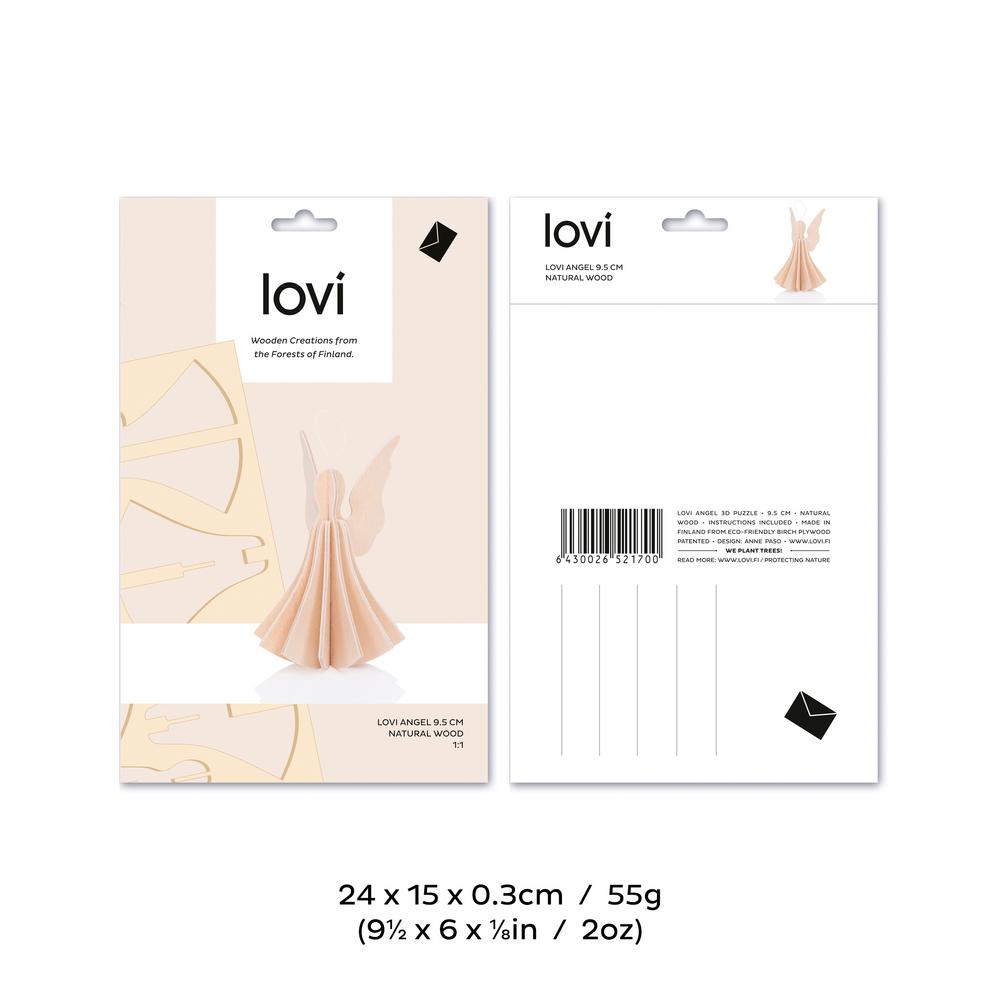 Lovi-enkeli 9,5cm, koottava puinen hahmo, pakkauksen mitat ja paino
