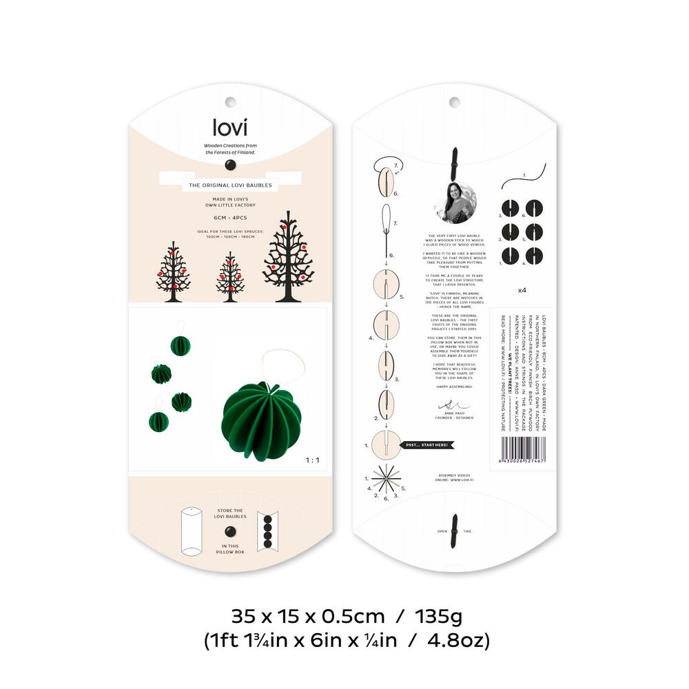 Alkuperäiset Lovi-pallot 6cm, tummanvihreä, koottavat puiset koristeet, pakkaus, mitat ja paino