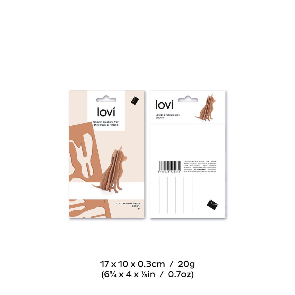 Lovi Chihuahua, wooden 3D puzzle, package with measures