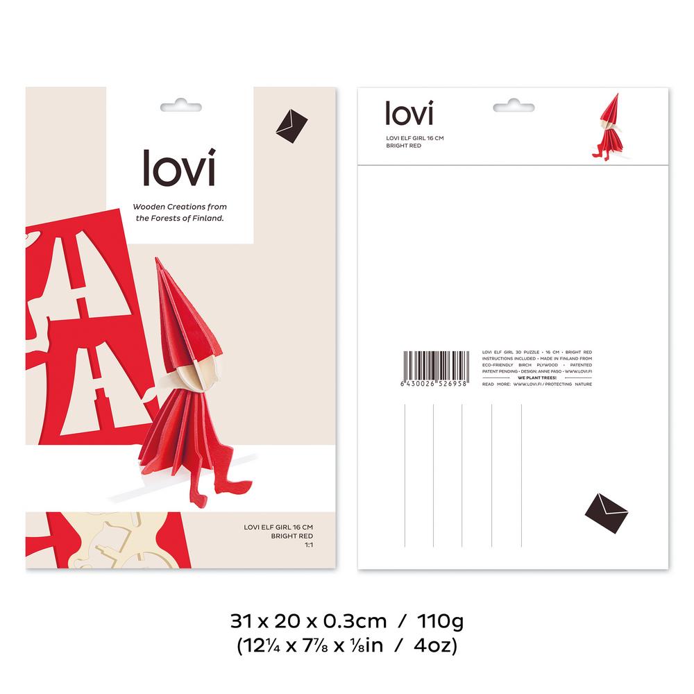Lovi-tyttötonttu 16cm, koottava puinen hahmo, pakkaus, mitat ja paino