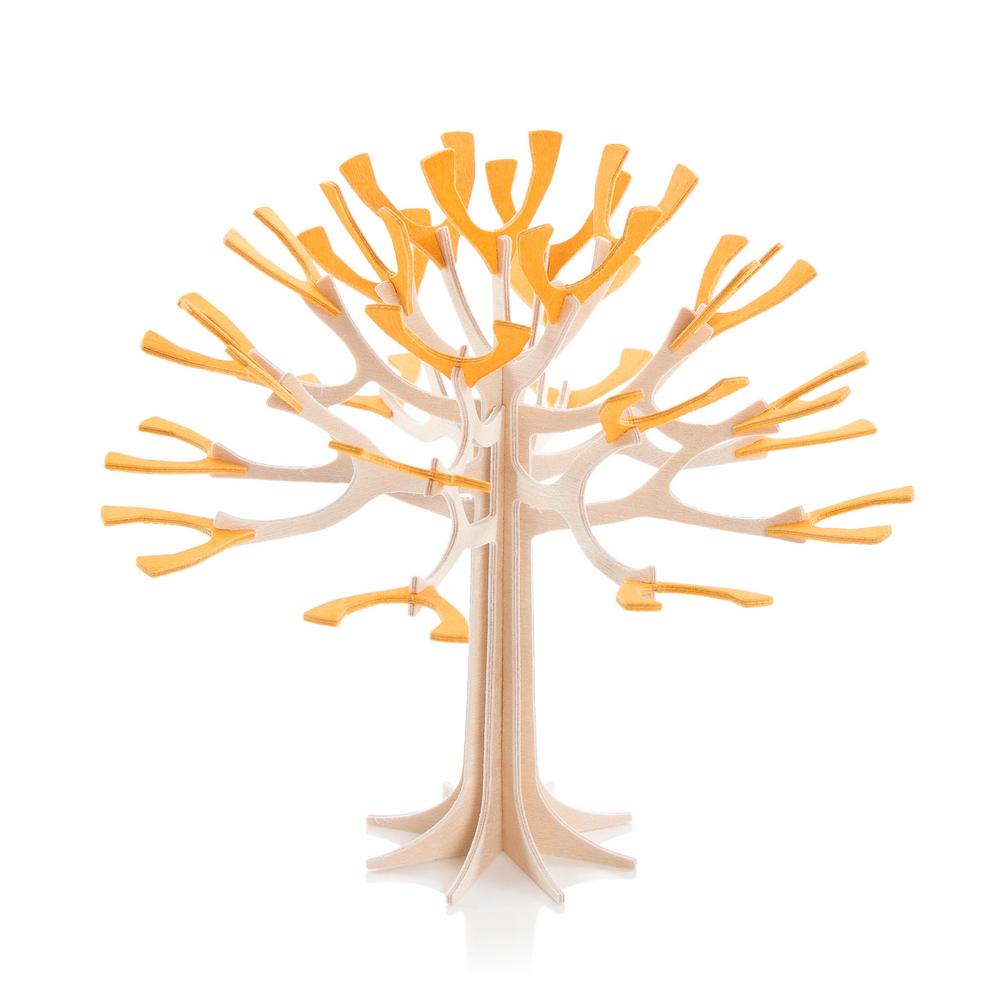 Lovi-vuodenaikapuu, lämminkeltainen, koivuvanerista valmistettu, koottava puu