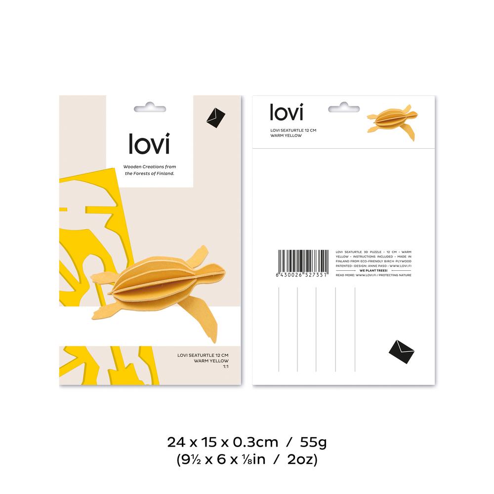 Lovi-merikilpikonna, koottava puinen hahmo, pakkaus, mitat ja paino