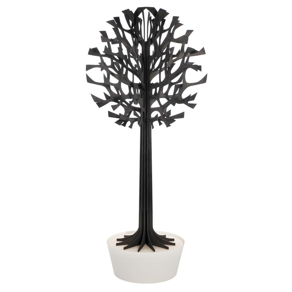 Lovi-puu 200cm, musta, koivuvanerista valmistettu, koottava puu valkoisessa ruukussa