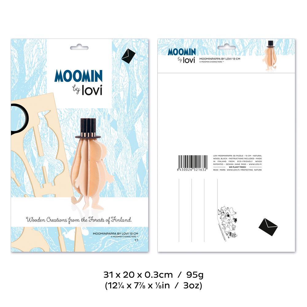 Muumipappa, puunvärinen, koottava puinen Lovi-hahmo, pakkaus, mitat ja paino